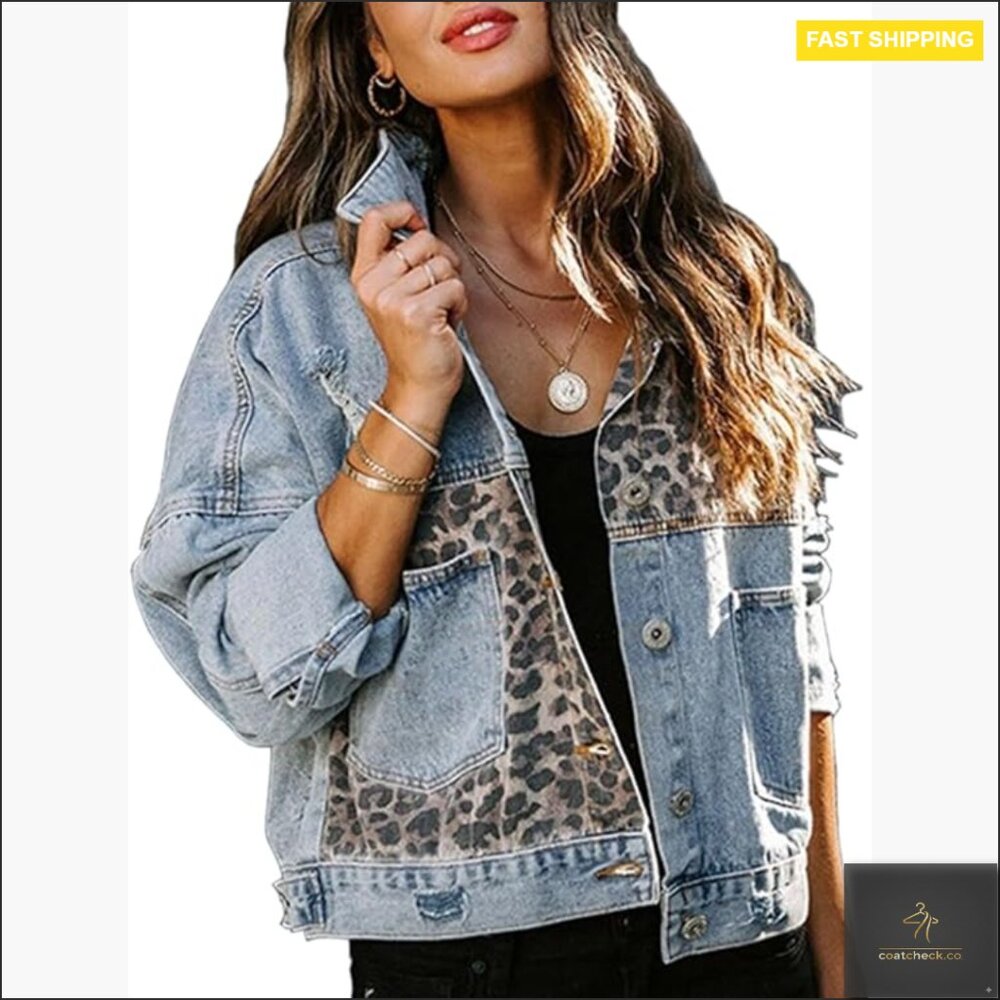 Distressed Denim Jacket Leopard Patchwork Cropped… - image 1
